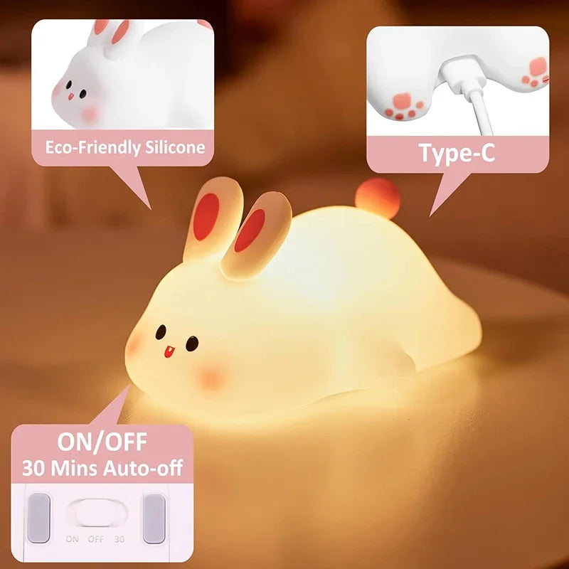 Bunny Night Light Silicone Nursery Cute Sleeping Lamp USB Rechargeable Touch Switch Control Table Led for Child Girlfriend Gift