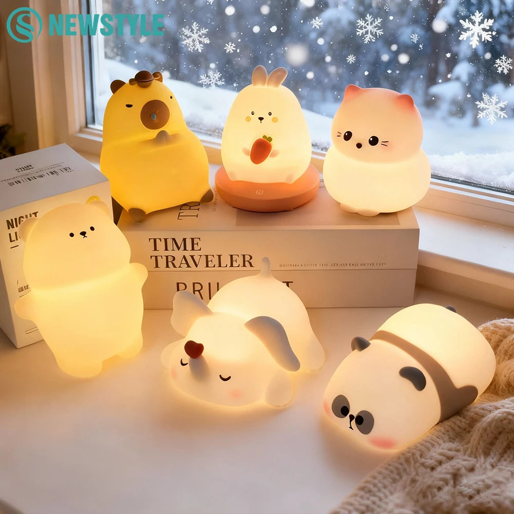 Cute Silicone LED Night Light 3 Level Brightness Rechargeable Nursery Sleeping Lamp Cordless Nightlights For Kids Room Decor
