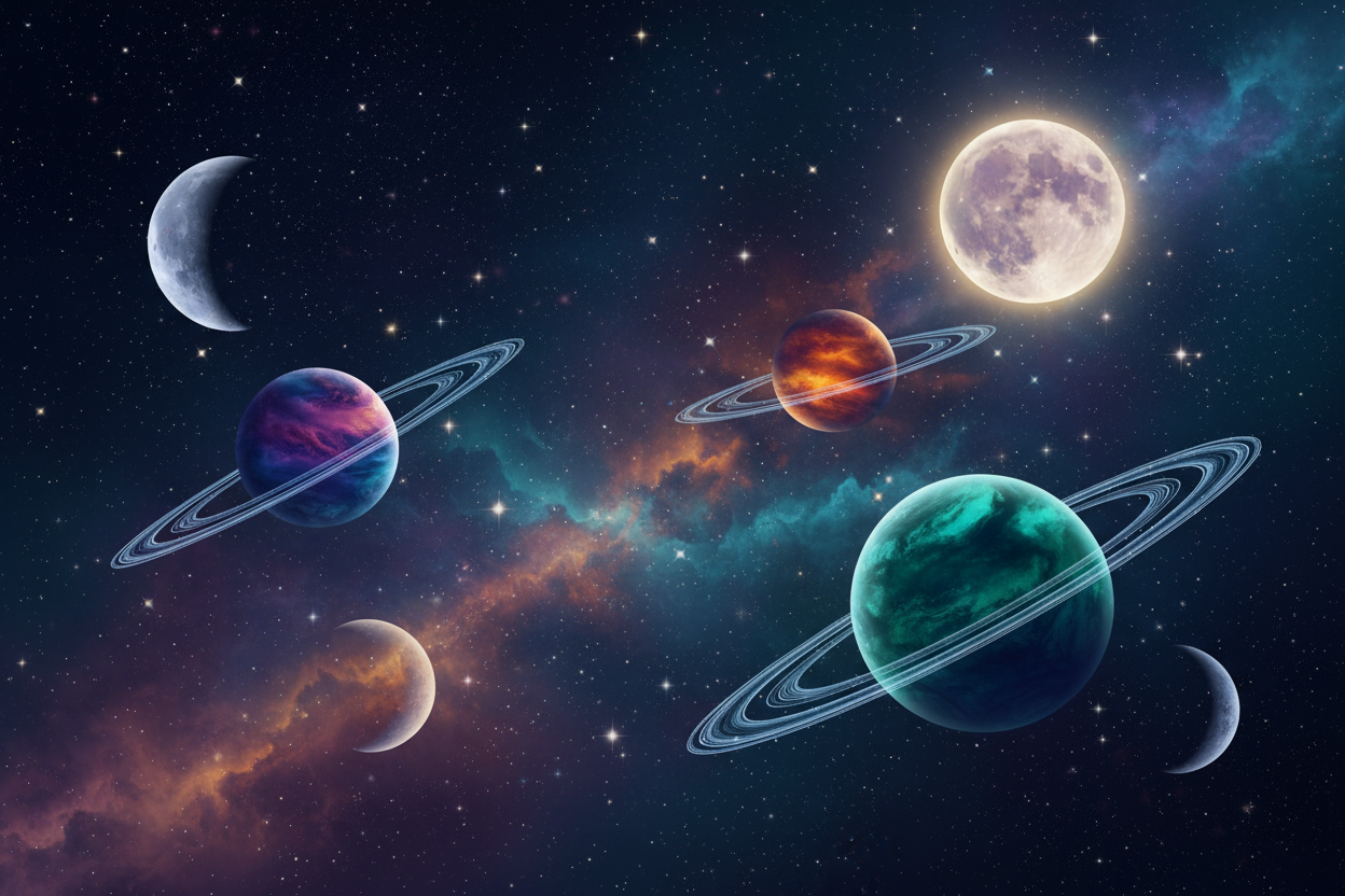 whatever color fits, stars, moons, planets